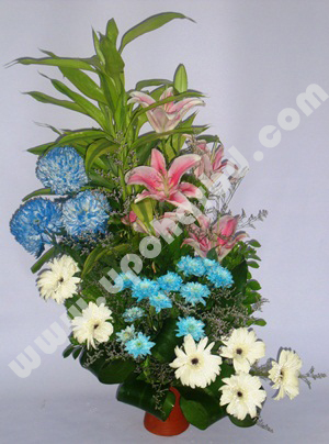 Bangladesh Flower Picture on Blue Snowball With Stargazer Lilies Fresh Flower And Roses