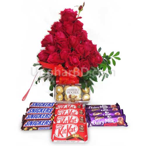Red roses with lots of chocolate