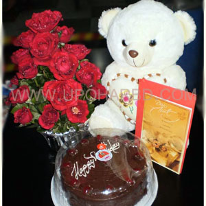Coopers Chocolate cake with teddy bear and flower bouquet