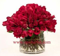 100 red roses in a vase