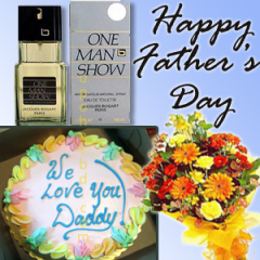 Gift basket with One Man Show perfume, Cake & Bouquet
