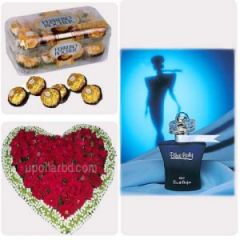 Blue lady perfume with flower and chocolate