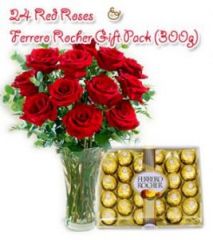 24 Red Roses with 300g Fererro Rocher pack