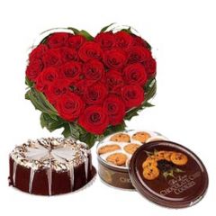 Combo with- 50 red rose Heart Shape,1 kg Chocolate Cake, Denish Cookies