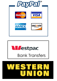 We accept PayPal Account Holder Payments, PayPal Credit Card paymenst, Visa, Mastercard & Amex Credit Cards, WestPac Bank Transfers, Western Union Transfers and Direct Bank Deposits