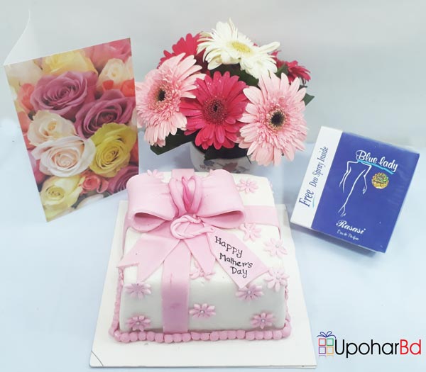 Mother's day special gift with pink fondant cake and blue lady perfume
