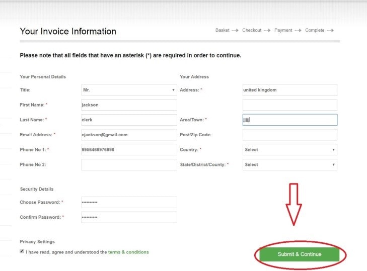 Step 6: On the new customer registration page (Your invoice information), you must fill up the blank, which are star marked > you have to accept and tick Terms & Condition. To proceed, click on Submit and Continue.