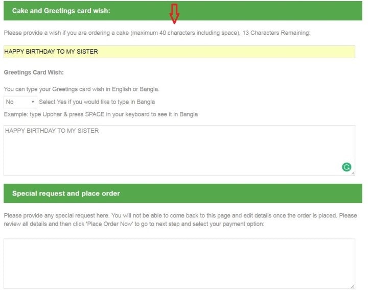 Step 8: We offer a greetings card with every gift delivery, please provide your card wish in this section. If you have a cake, please provide cake wish too. 