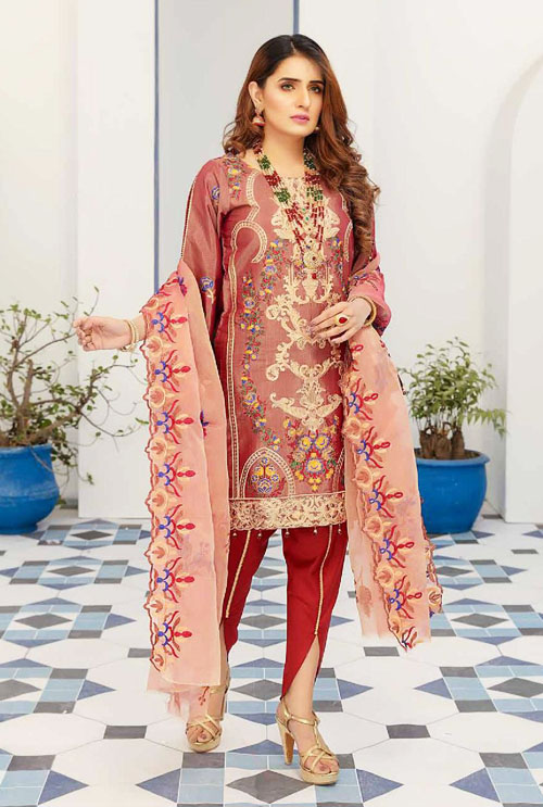 Firebrick Color Hand Work Embroidered Suit