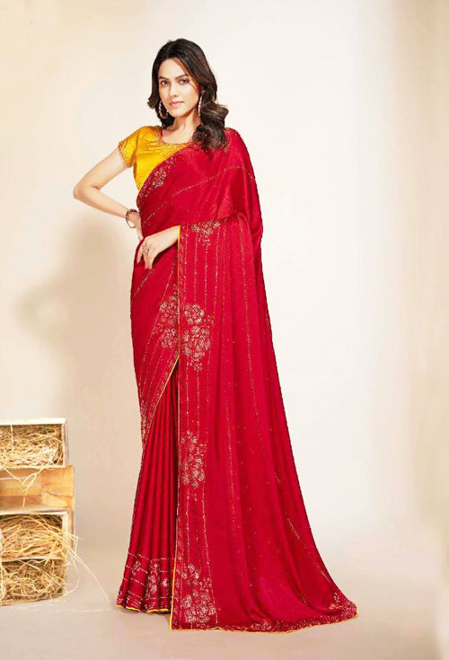 Dark Red Color Party Saree