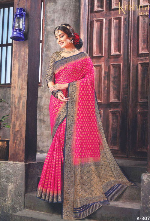 send pink color silk saree through online Watermelon Pink Color