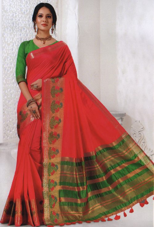 Coral Color Saree For Her