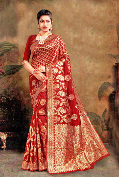 Scarlet Maroon Banarasi Silk Saree