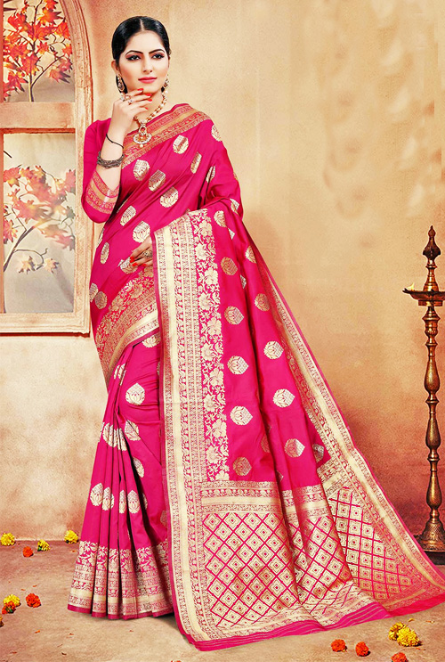Hibicus Color Banarasi Silk Saree