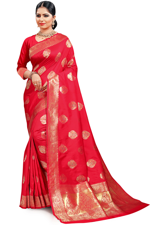 Vermillion Red Party Wear Banarasi Silk Saree