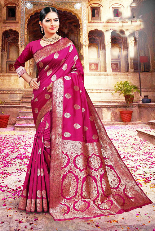 Jam Color Party Wear Banarasi Silk Saree