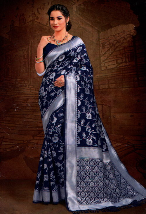 Prussian Blue Banarasi Silk Saree