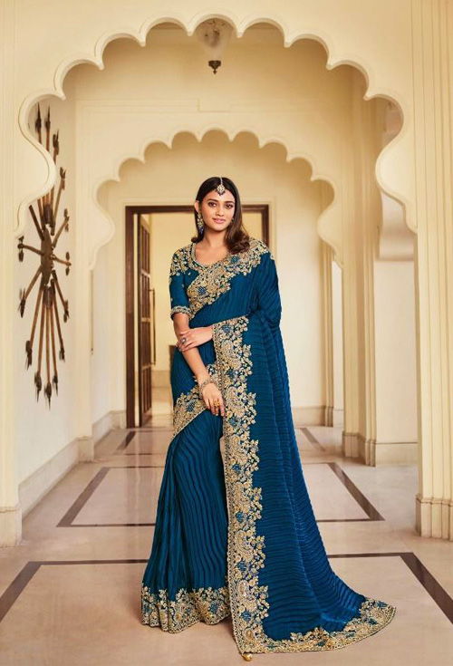 Prussian Blue Color Sulakshmi Heavy Designer Saree