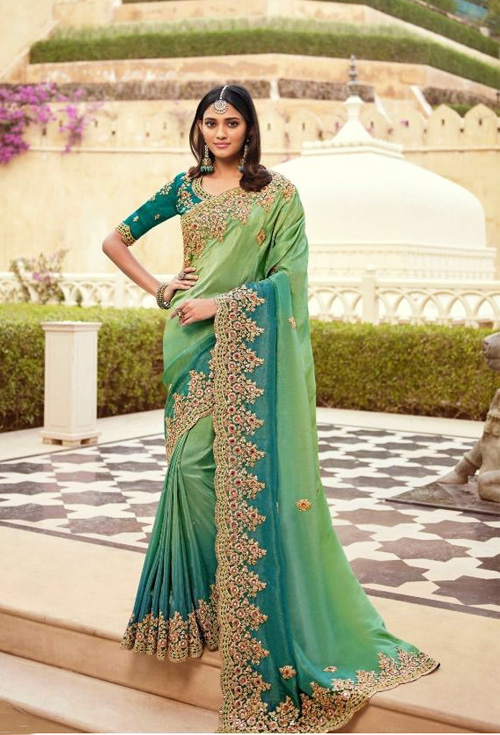 Shamrock And Teal Mix Color Party Wear Saree