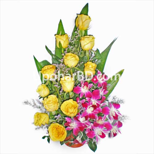Yellow roses with orchid