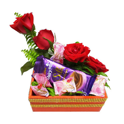 Fancy Basket Of Flower And Chocolate