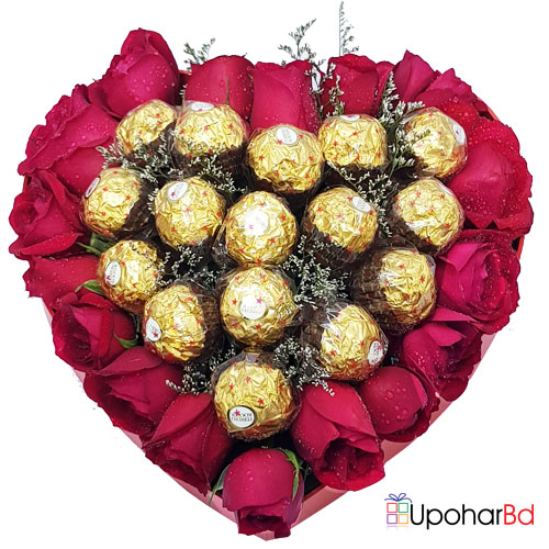 Red Heart of chocolates and flowers