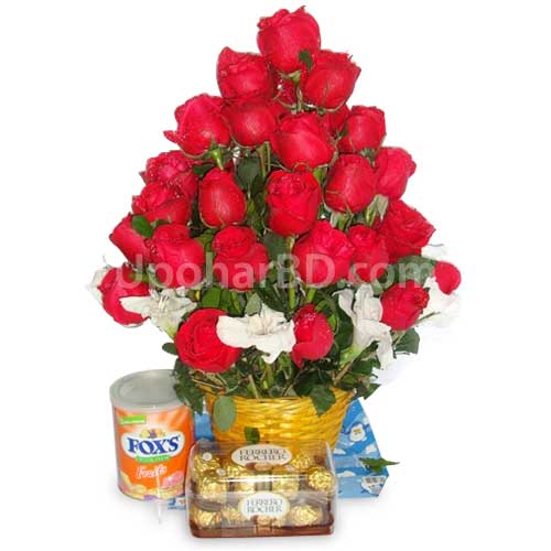 Gift package with chocolates and rose