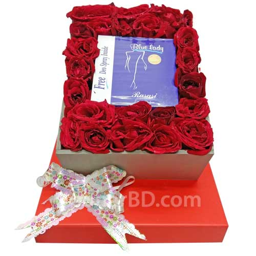 Box of surprise with perfume and roses