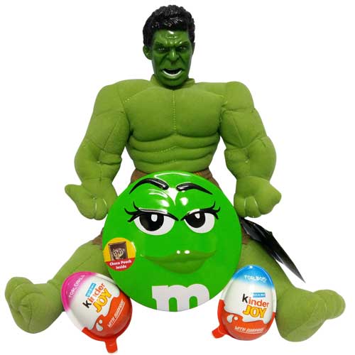 Hulk with a M&M box and kinder joy