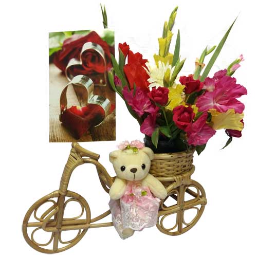 Cane Rickshaw with Flower and Teddy