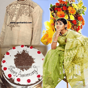 Package for both of them with Panjabi, Jamdani Sari, Cake and Flower
