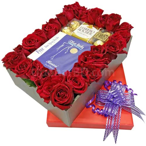 Rose box with perfume and chocolate