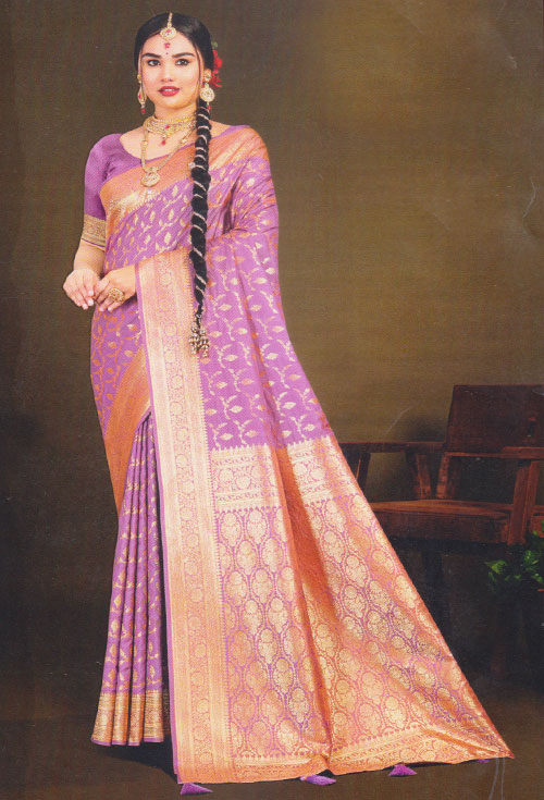 Thistle Purple Saree With Golden Zari Work