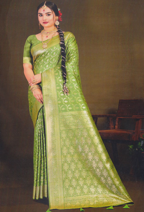 Pear Green Color  Saree With Golden Zari Work