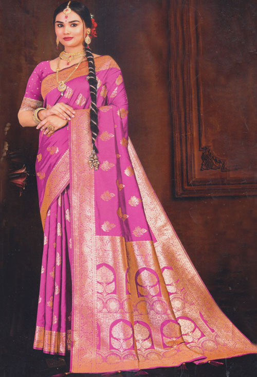 Magenta Pink Silk Saree With Golden Zari Work