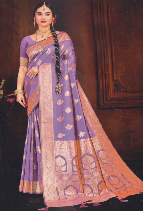 Levender Purple Silk Saree With Golden Zari Work