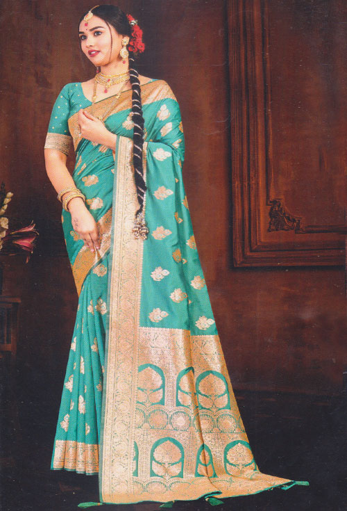 Persian Green Silk Saree With Golden Zari Work