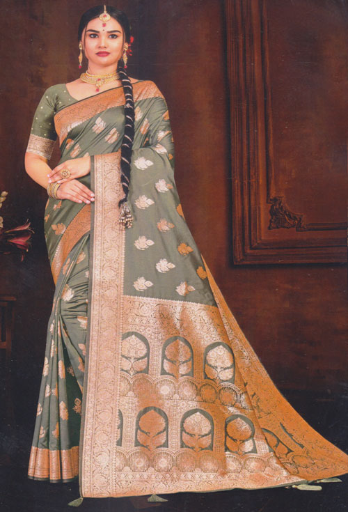 Deep Sage Green Silk Saree With Golden Zari Work