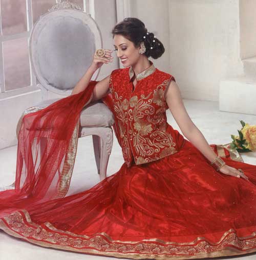 Vintage red koti lehenga with embroidery