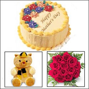 Gift package with cake, teddy and rose