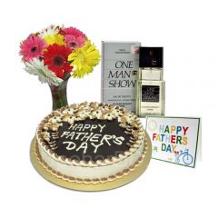 Gift basket with One Man Show perfume, Cake and Bouquet