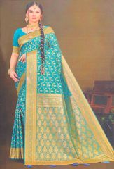 Dark Turquoise Saree With Golden Zari Work