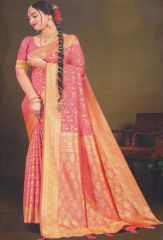 Salmon Pink Color  Saree With Golden Zari Work