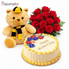 Gift package with cake, teddy and rose