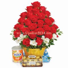 Gift package with chocolates and rose