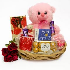 Blue lady perfume with flower, teddy and chocolate