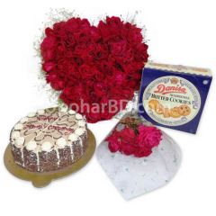 Gift combo with 50 red rose in heart shape, cake and cookies