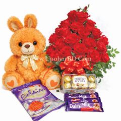 Chocolates, teddy and red roses