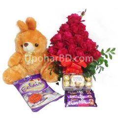 Chocolates, teddy and red roses