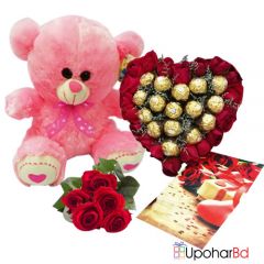Chocolates with teddy and roses